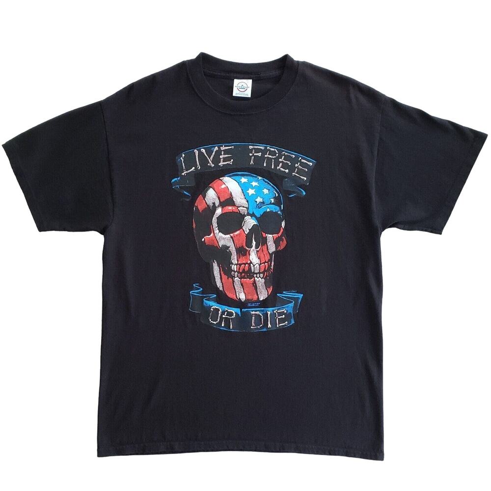 Live Free Or Die Tshirt Men L Black Grunge Biker Rock Skull Patriotic Retro USA